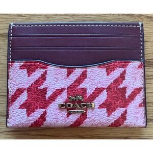 Coach Houndstooth Card Case ID Window Wallet Pink Red Burgundy Leather